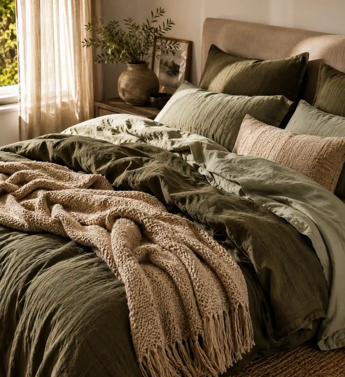 Olive Green Linen Bedding and Layers