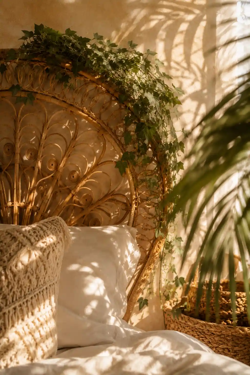 Rattan Headboards Paired with Climbing Ivy