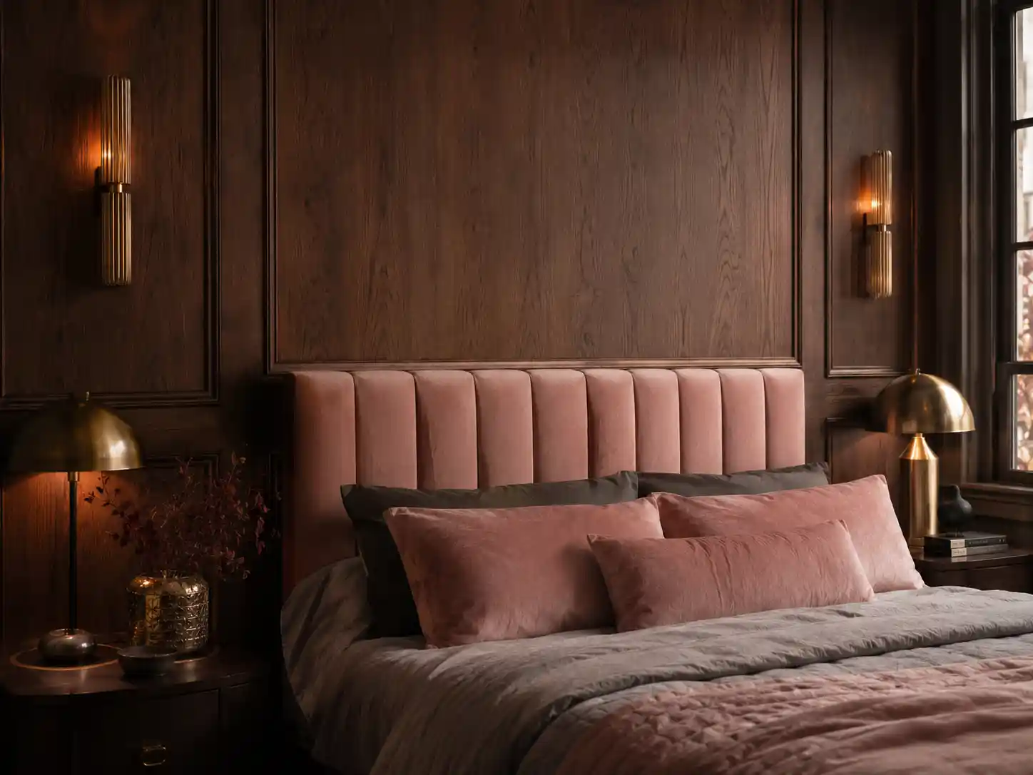 Blush Pink Upholstery and Dark Walnut Wood