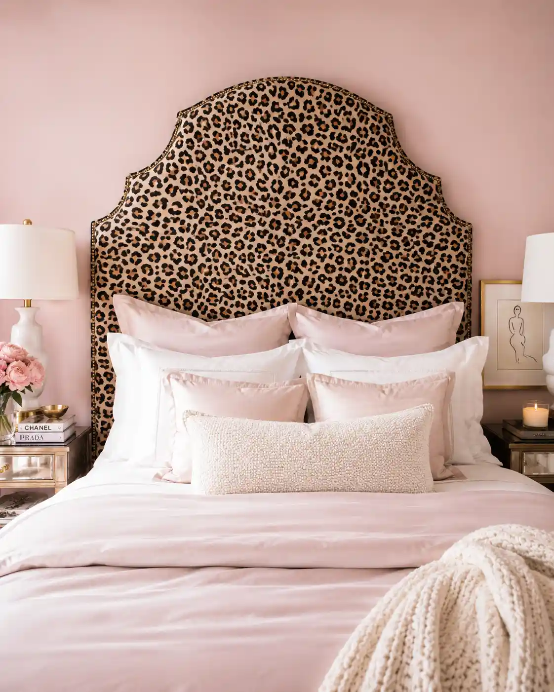 Cheetah Print Headboard and Pastel Pink Linens