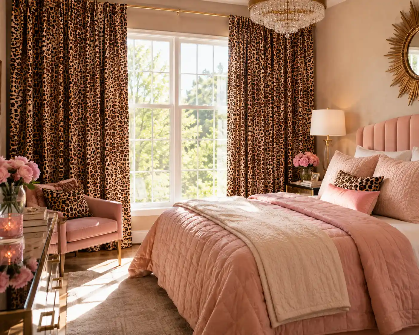 Cheetah Print Curtains and Pink Bedding