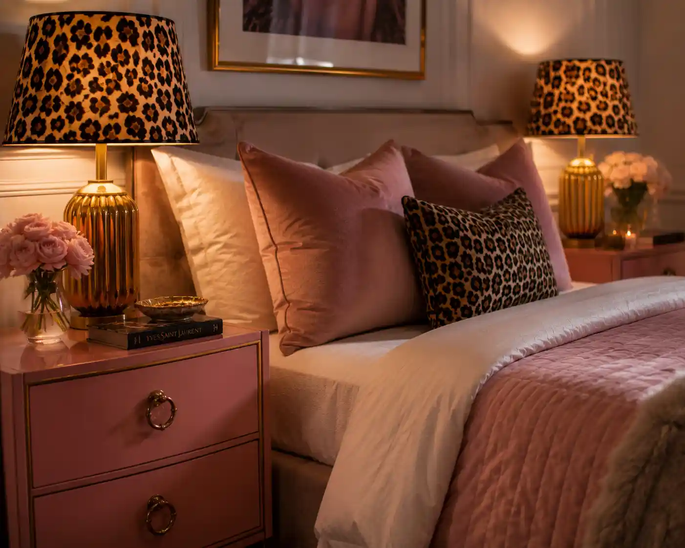 Cheetah Print Lampshades and Pink Nightstands