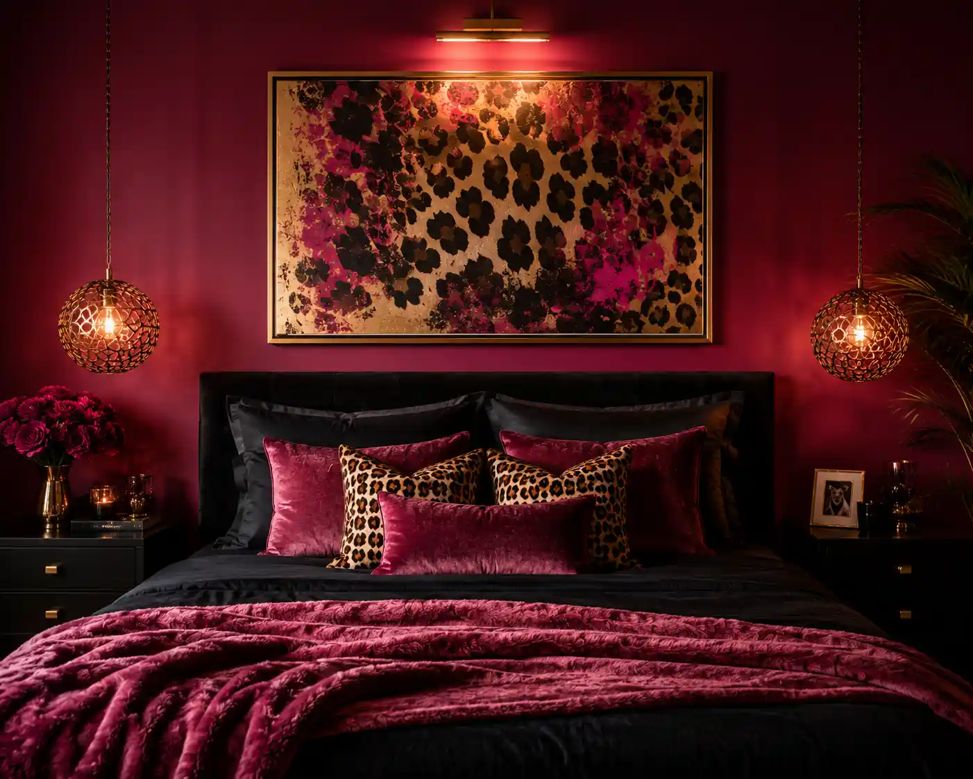 Dark Pink Walls and Bold Cheetah Statement Art