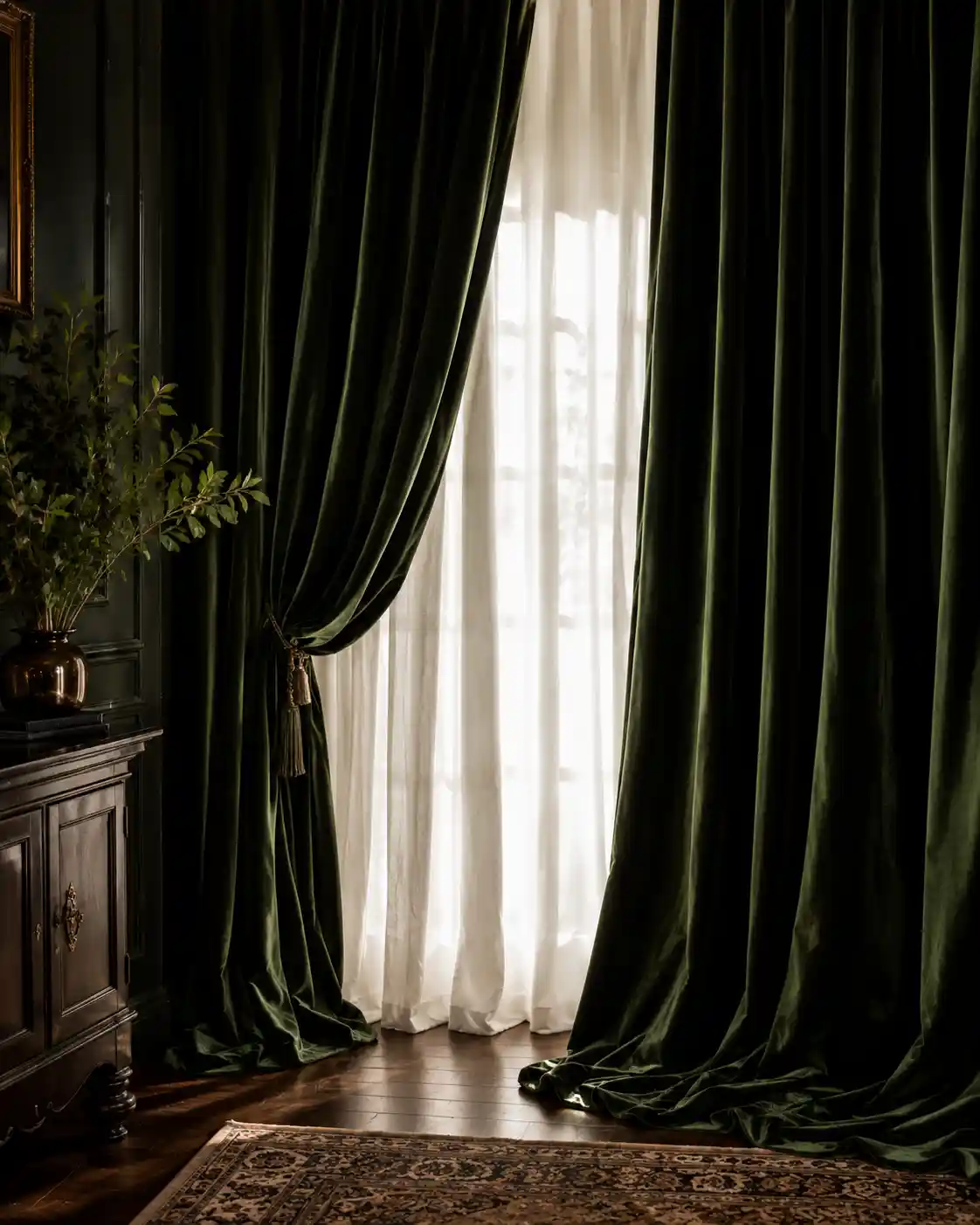 Moody Green Silk Curtains and Sheers