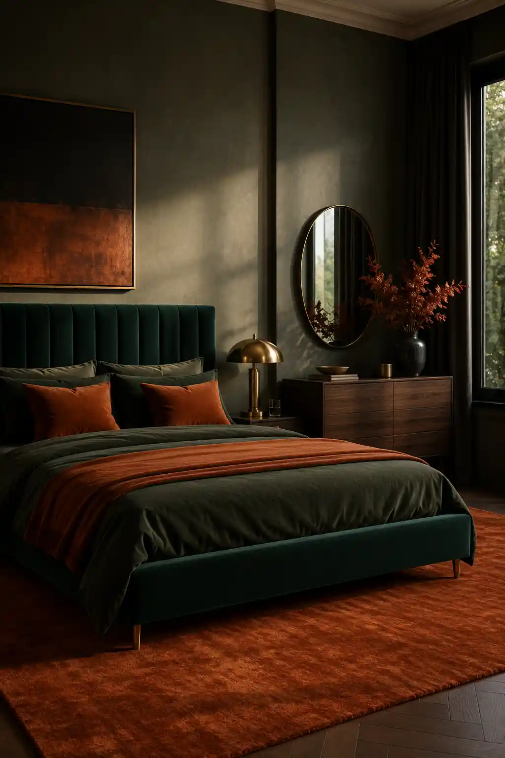 Emerald Velvet and Burnt Orange Rugs