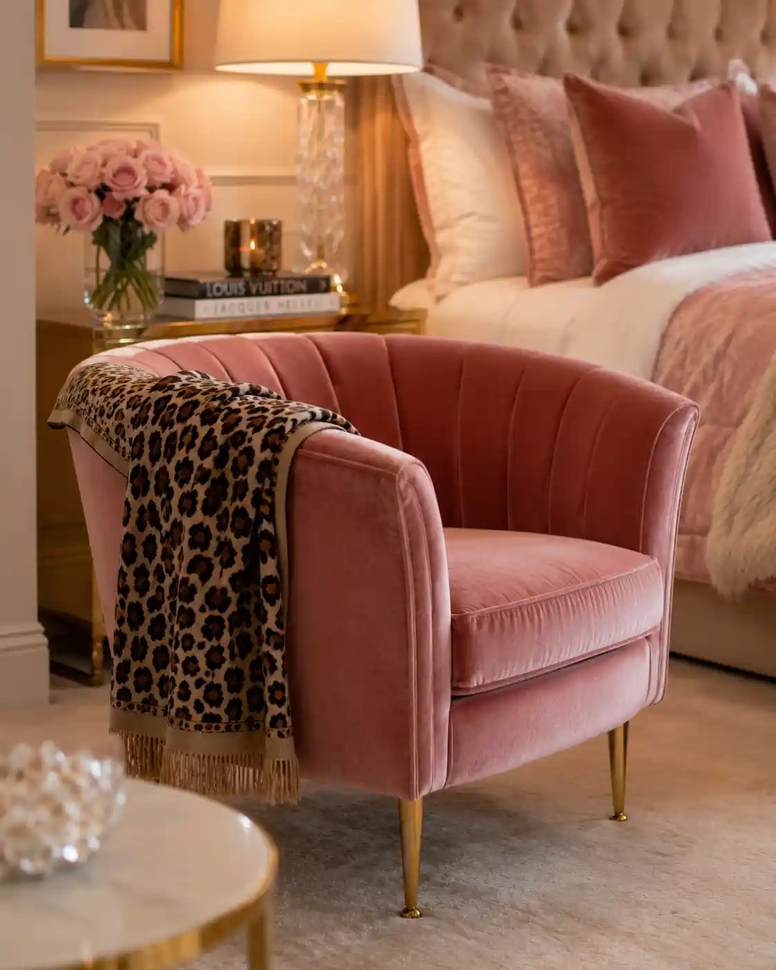 Pink Velvet Chair and Cheetah Throw