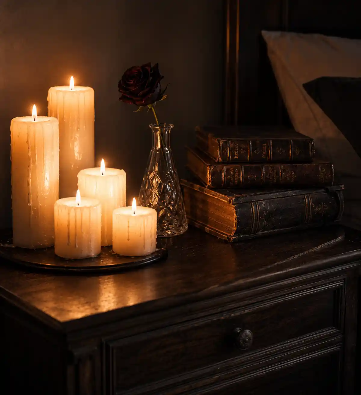 Candlelit Bedside Tables and Vintage Decor