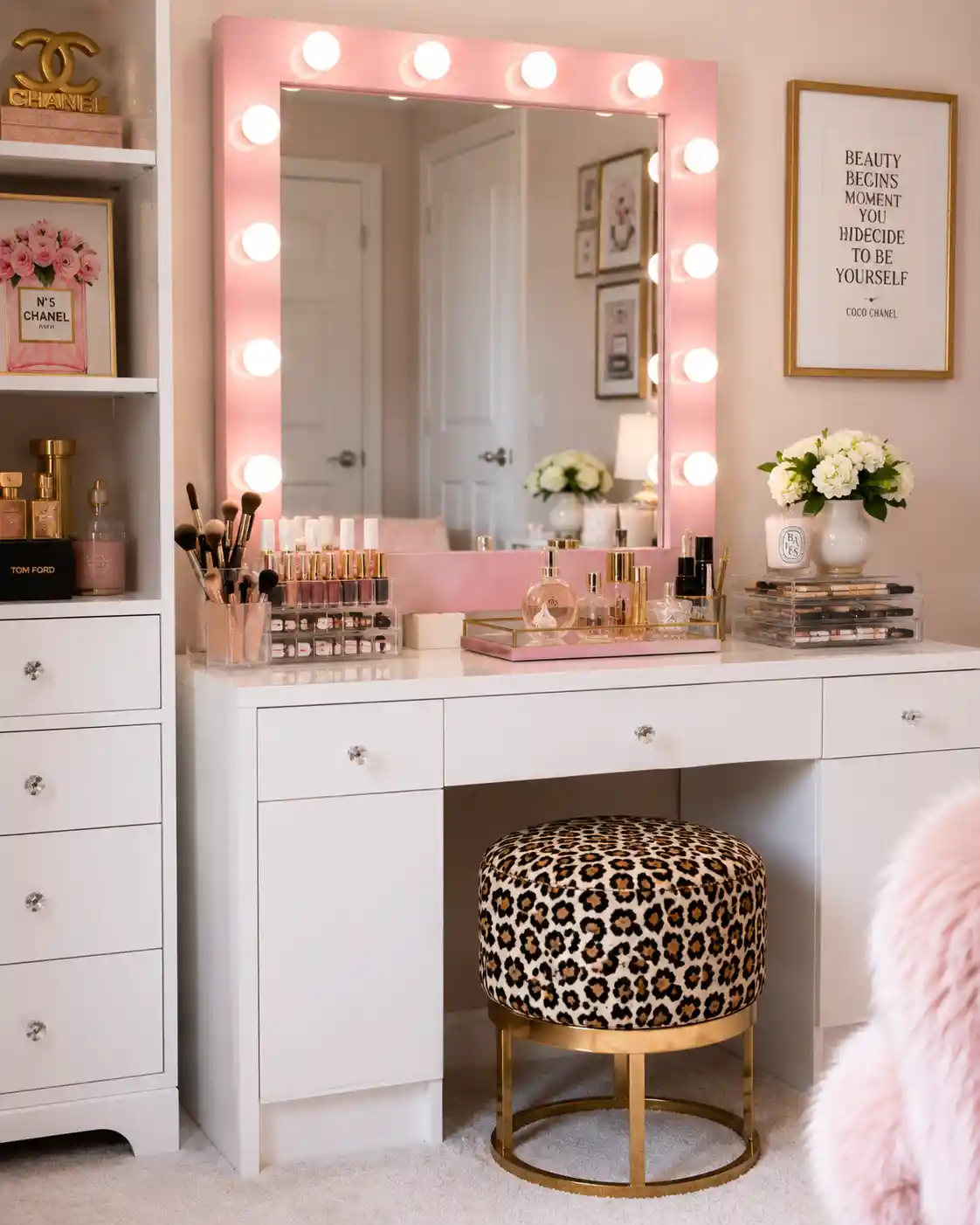 Pink Vanity Area with Cheetah Print Stool
