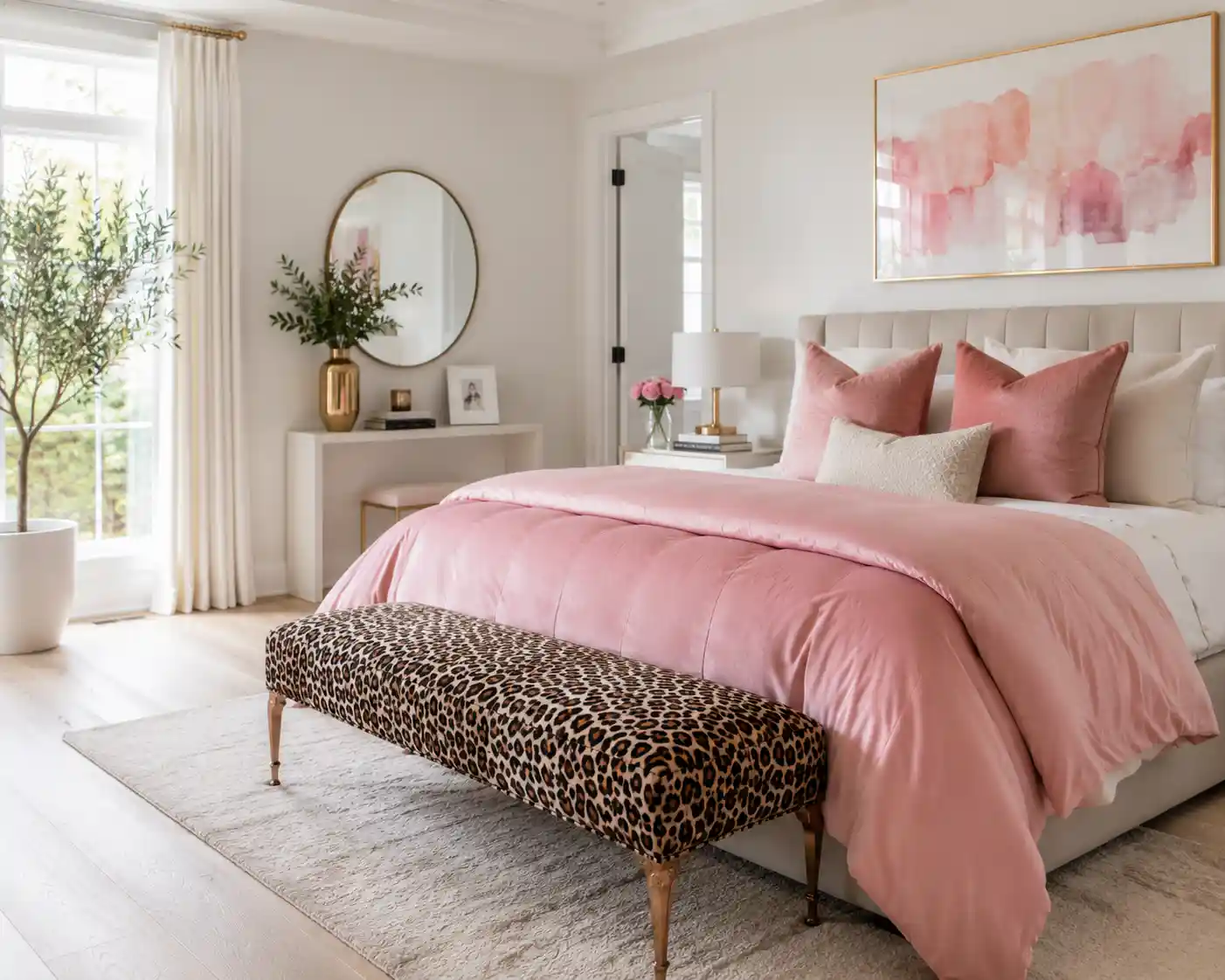 Cheetah Print Bench and Pink Duvet