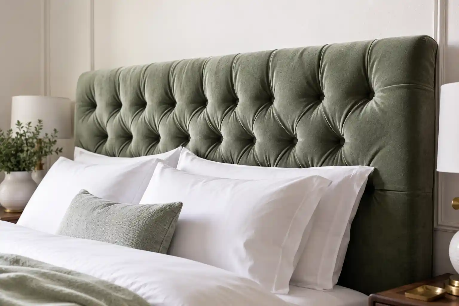 Defining the Space with a Sage Velvet Headboard