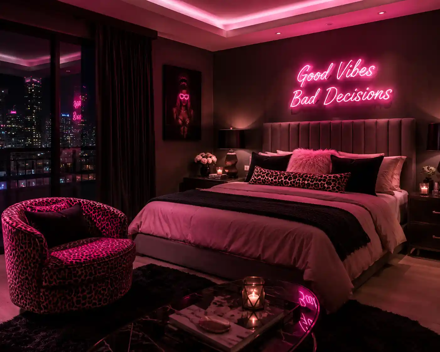 Pink Neon Lighting and Leopard Decor