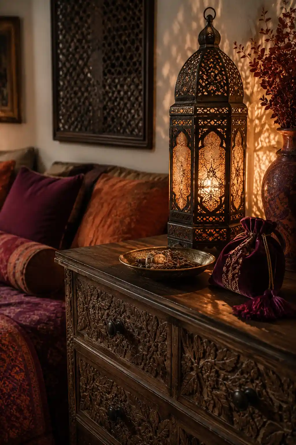 Intricate Moroccan Lanterns and Velvet Accents