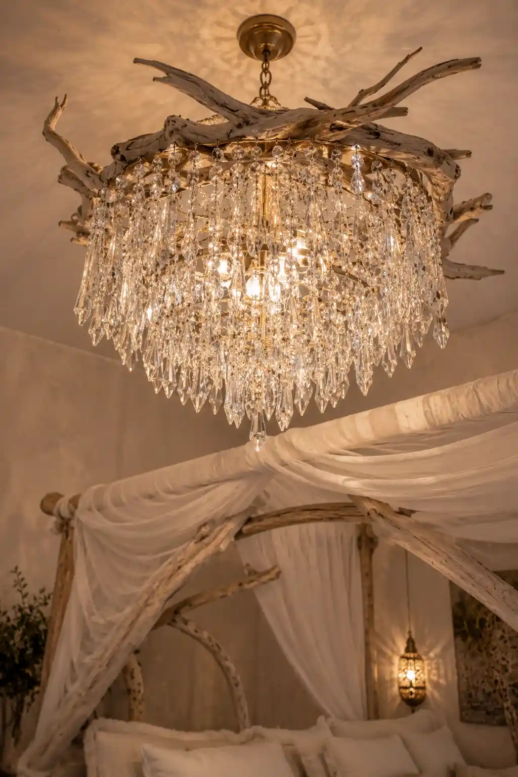 Contrasting Crystal and Driftwood Lighting