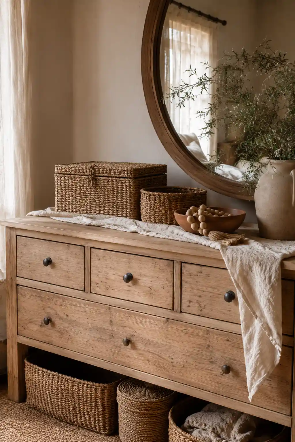 Woven Seagrass Baskets and Textural Linens