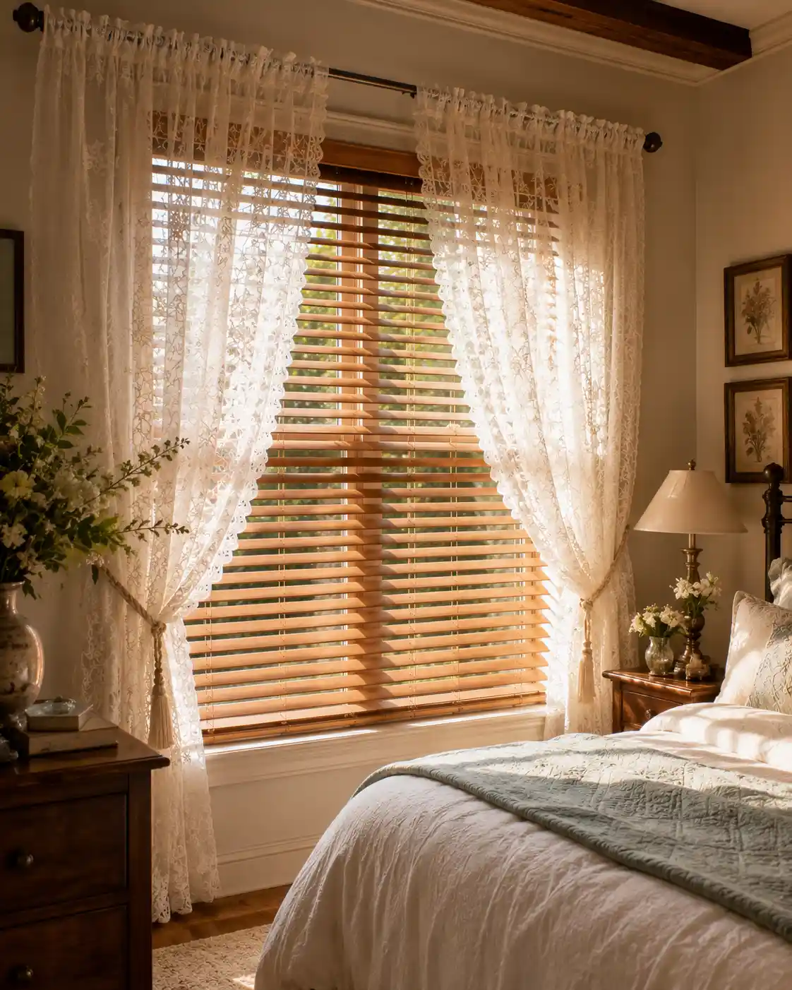 Lace Curtains over Wooden Blinds