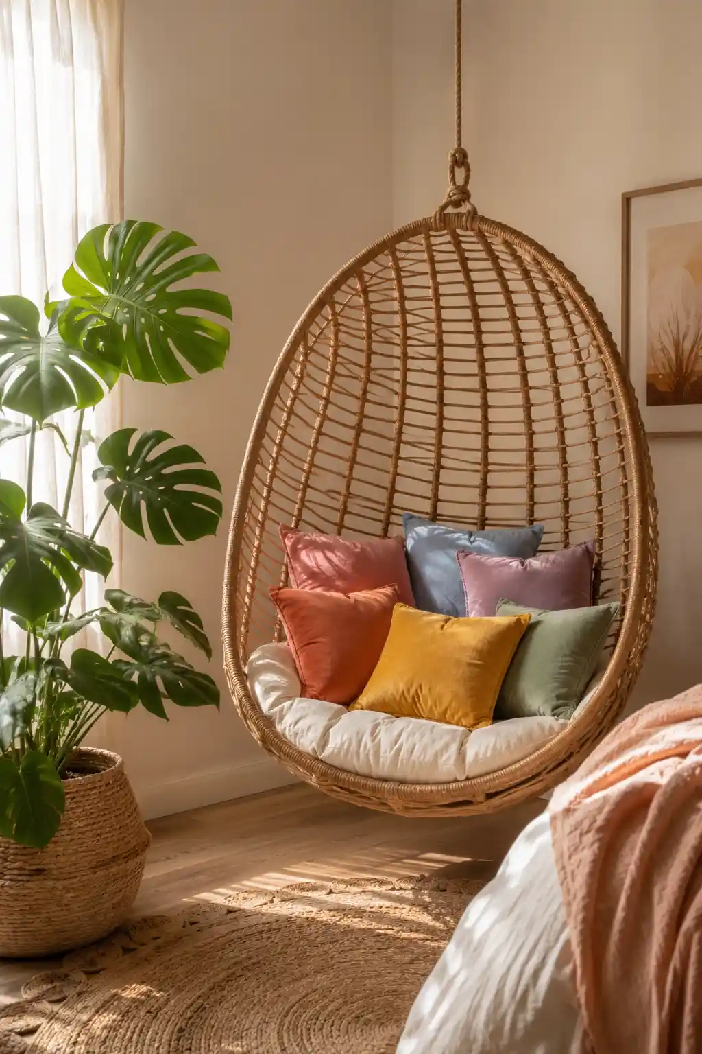 Hanging Rattan Chair with Colorful Cushions