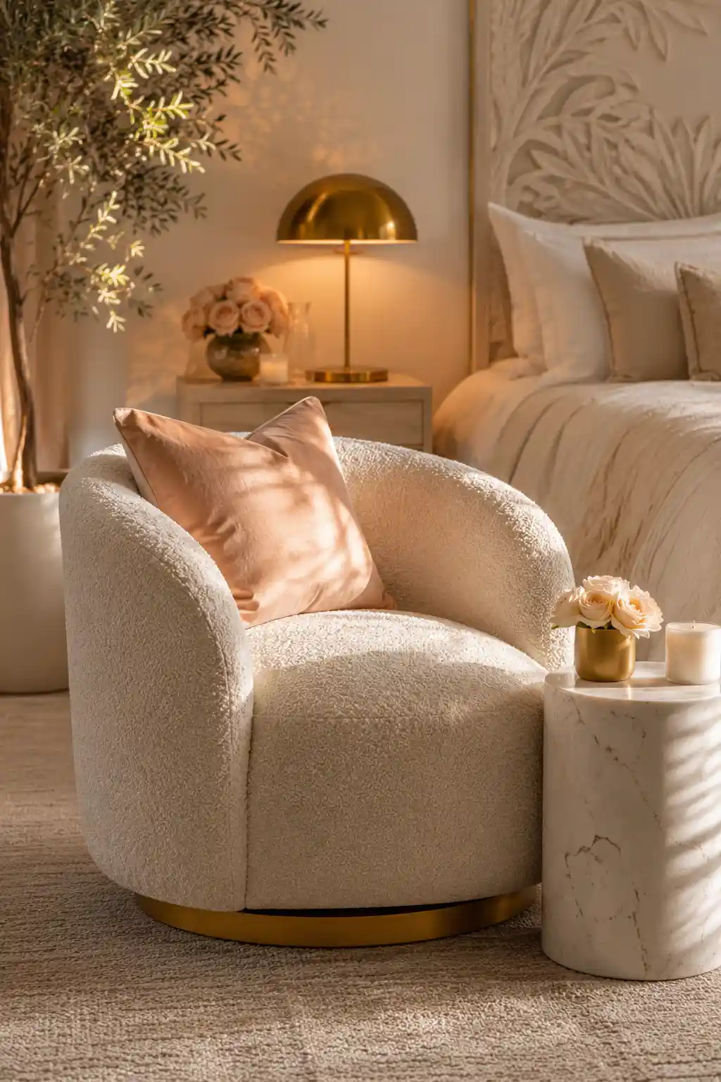 Modern Bouclé Accents and Curved Furniture