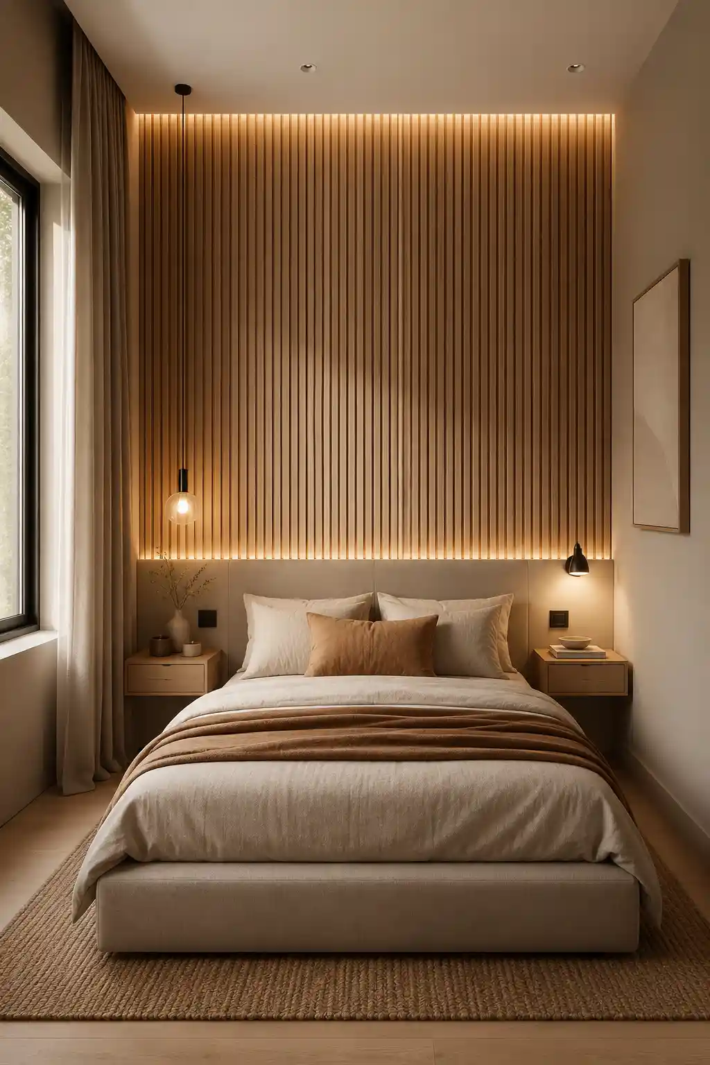 Embrace Vertical Wood Paneling and Ambient Glow
