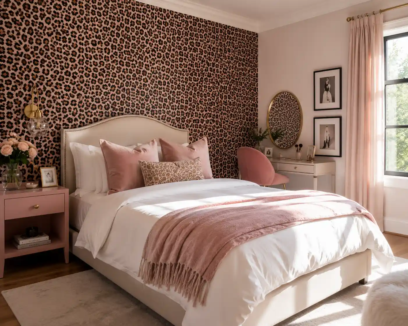 Cheetah Print Wallpaper and Soft Pink Furniture