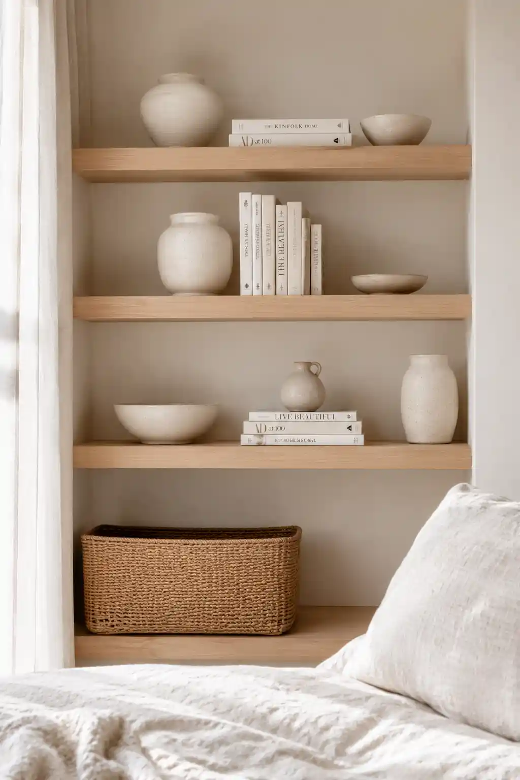 Floating Shelves with Curated White Objects