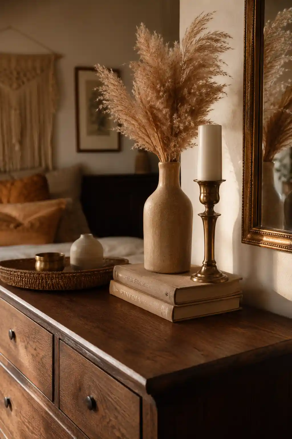 Stacked Vintage Books and Dried Pampas Grass