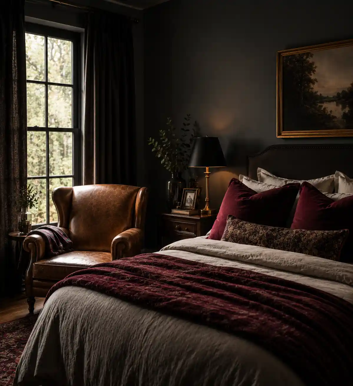 Burgundy Accents and Leather Textures