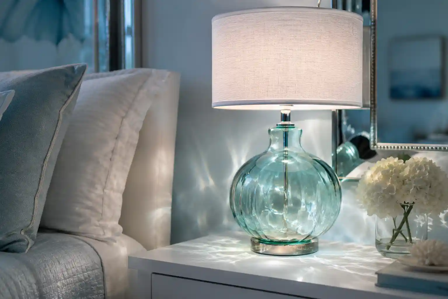 Luminous Aquamarine Glass and Reflective Surfaces