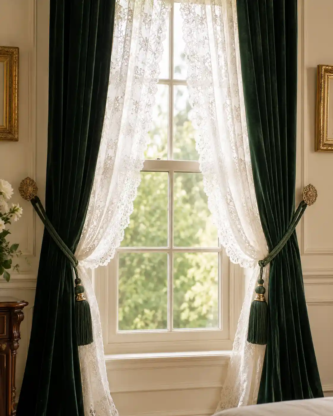 Lace Curtains with Velvet Tie-Backs