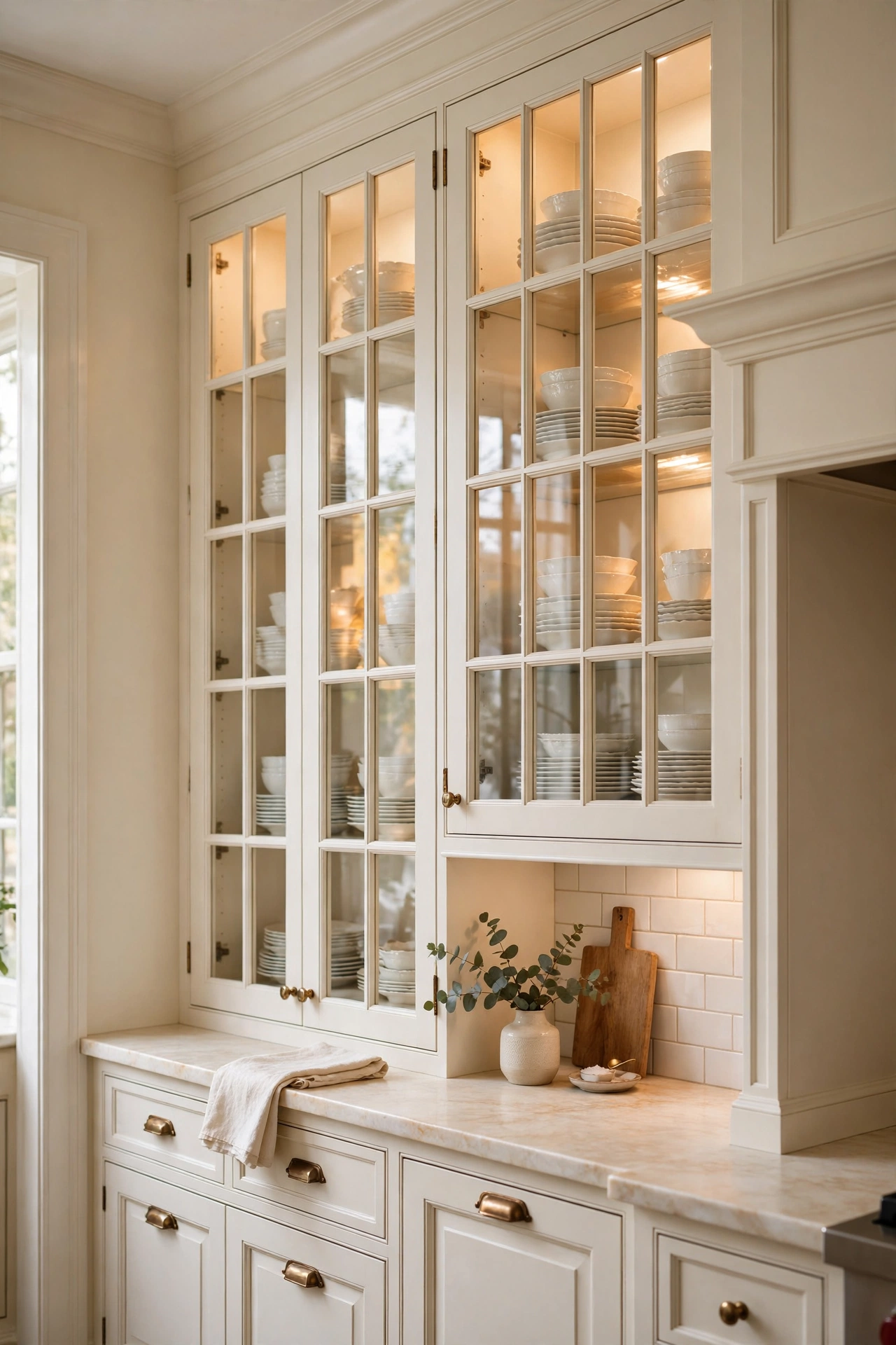 Glass-Front Cabinetry for Added Depth