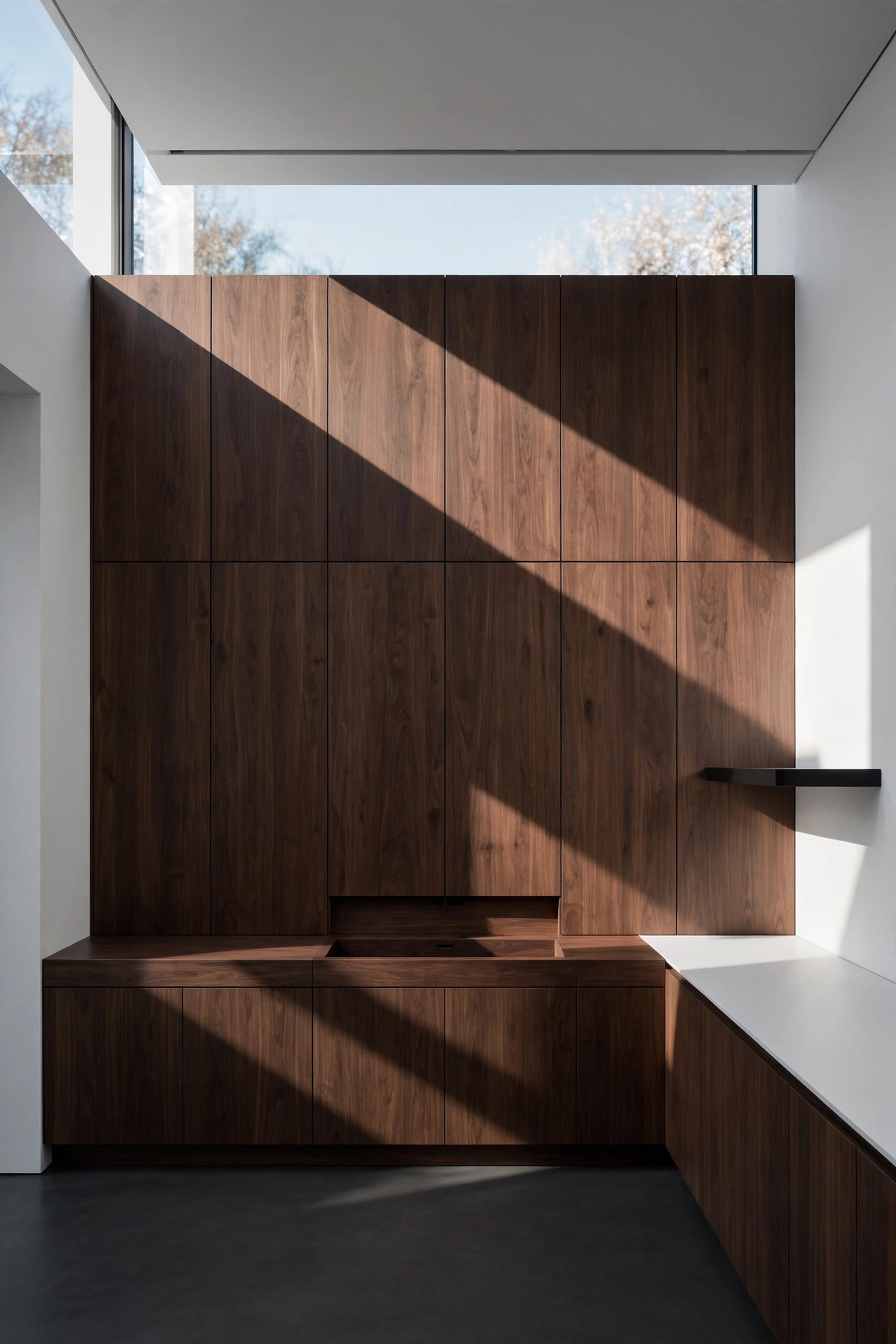 The Minimalist Appeal of Flat-Panel Walnut Slab Cabinets
