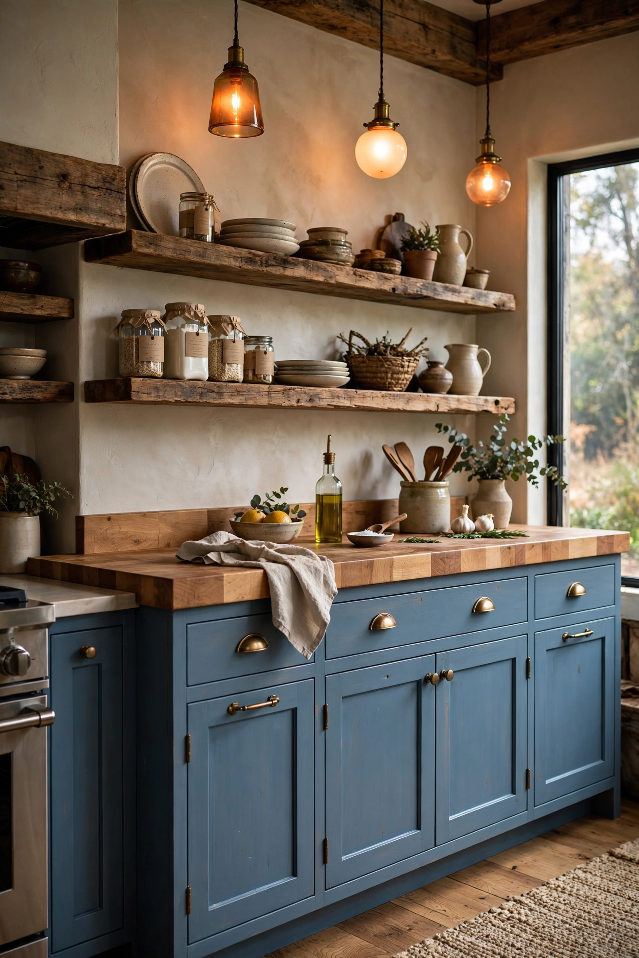 Blending Blue Cabinetry with Natural Wood Tones
