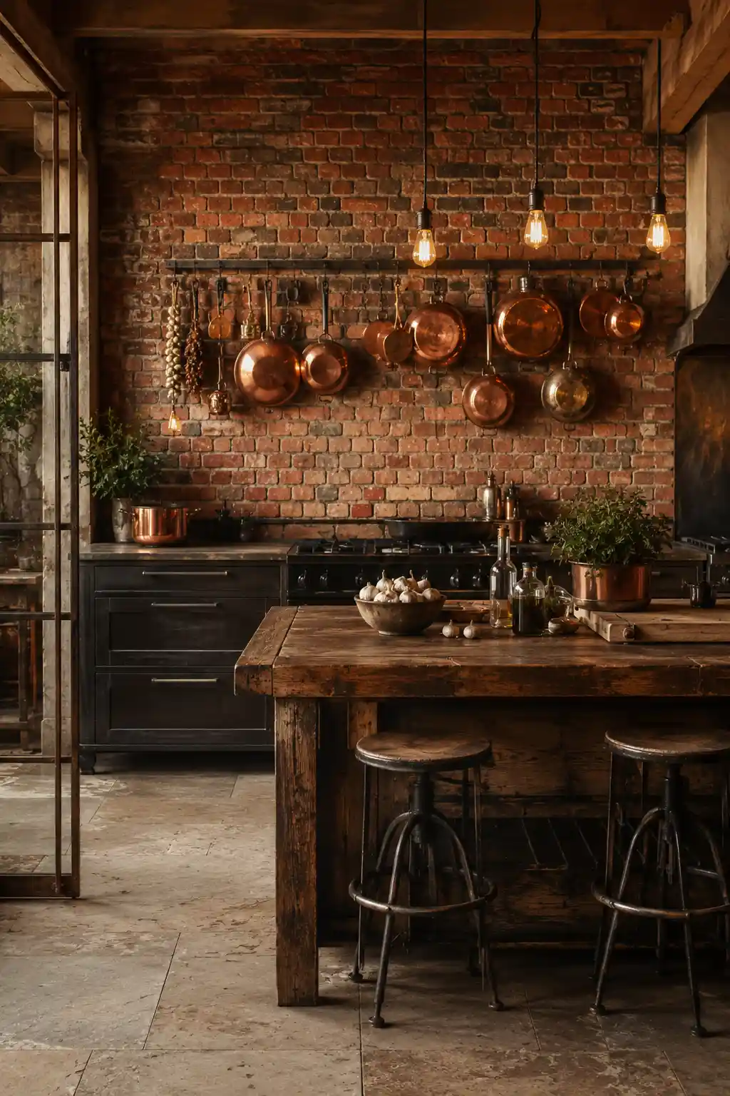 Rustic Copper and Exposed Brick Accents