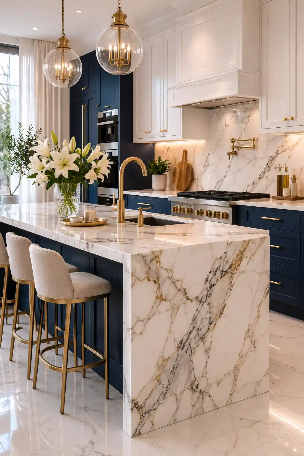 Dramatic Navy and Calacatta Marble Contrast