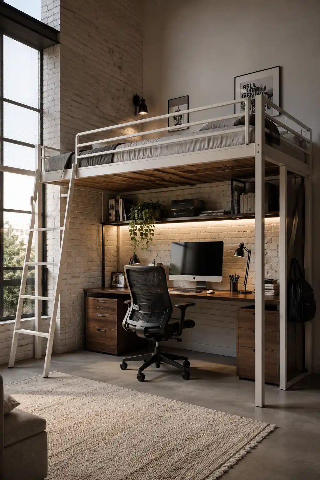 Elevated Sleeping Platforms with Integrated Workspaces