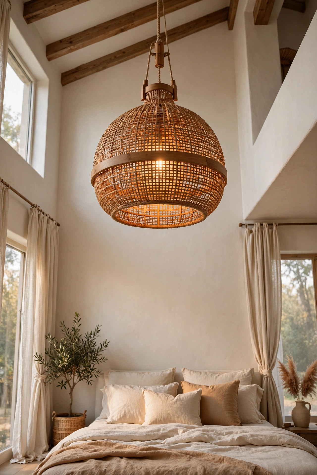 Overhead Warmth with Wood and Woven Lighting