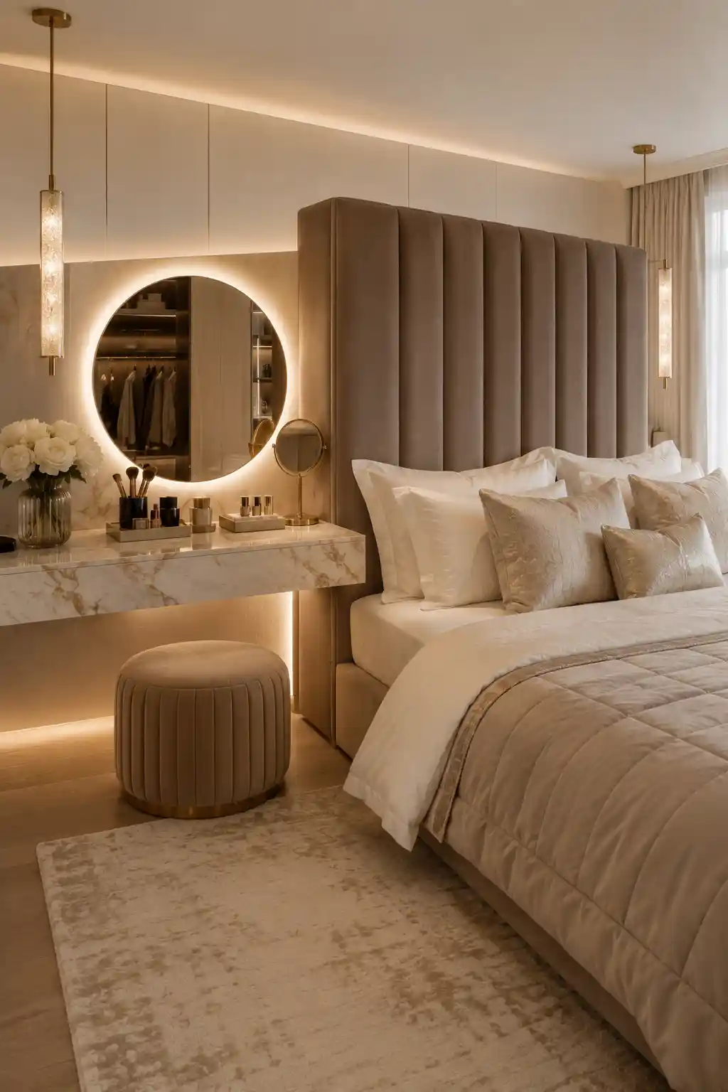 Hidden Vanity Behind the Headboard