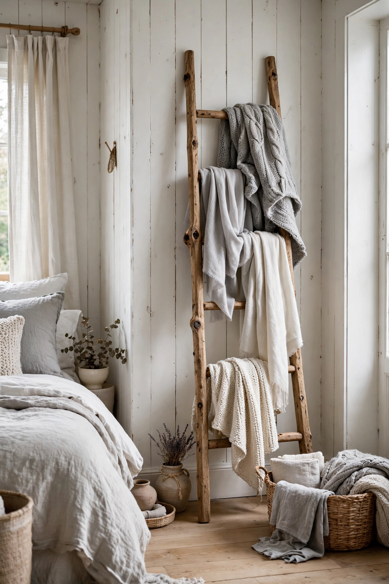 Display Cozy Textiles On a Wooden Ladder