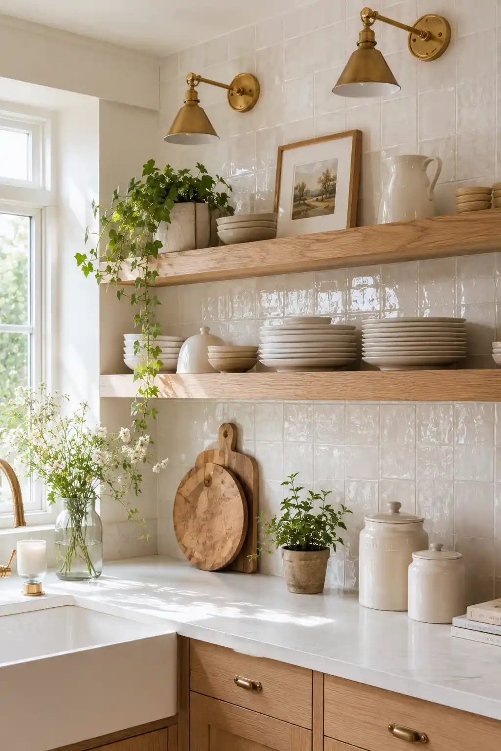 Open Oak Shelving and Fresh White Tile