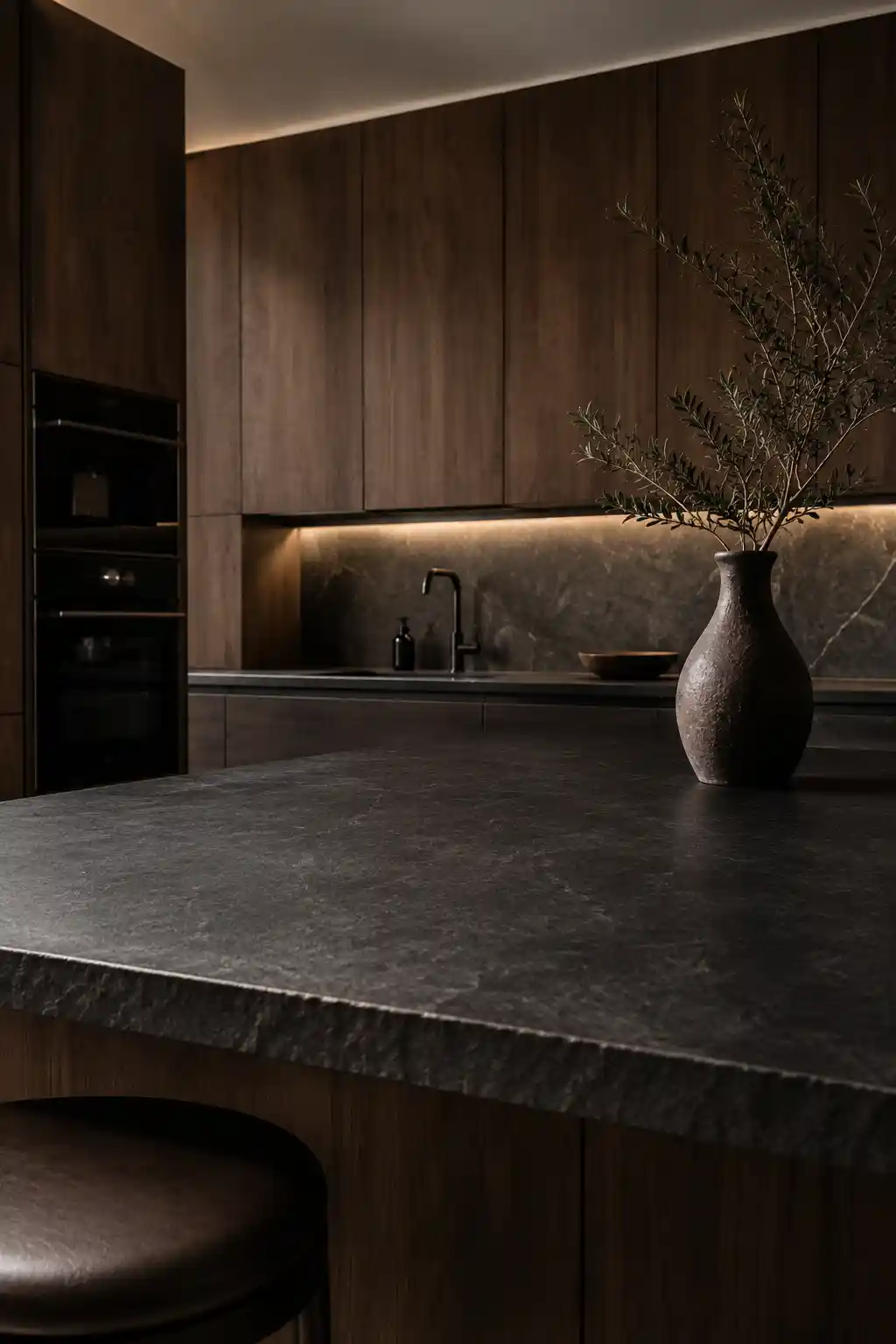 Moody Walnut Cabinetry with Matte Slate Accents