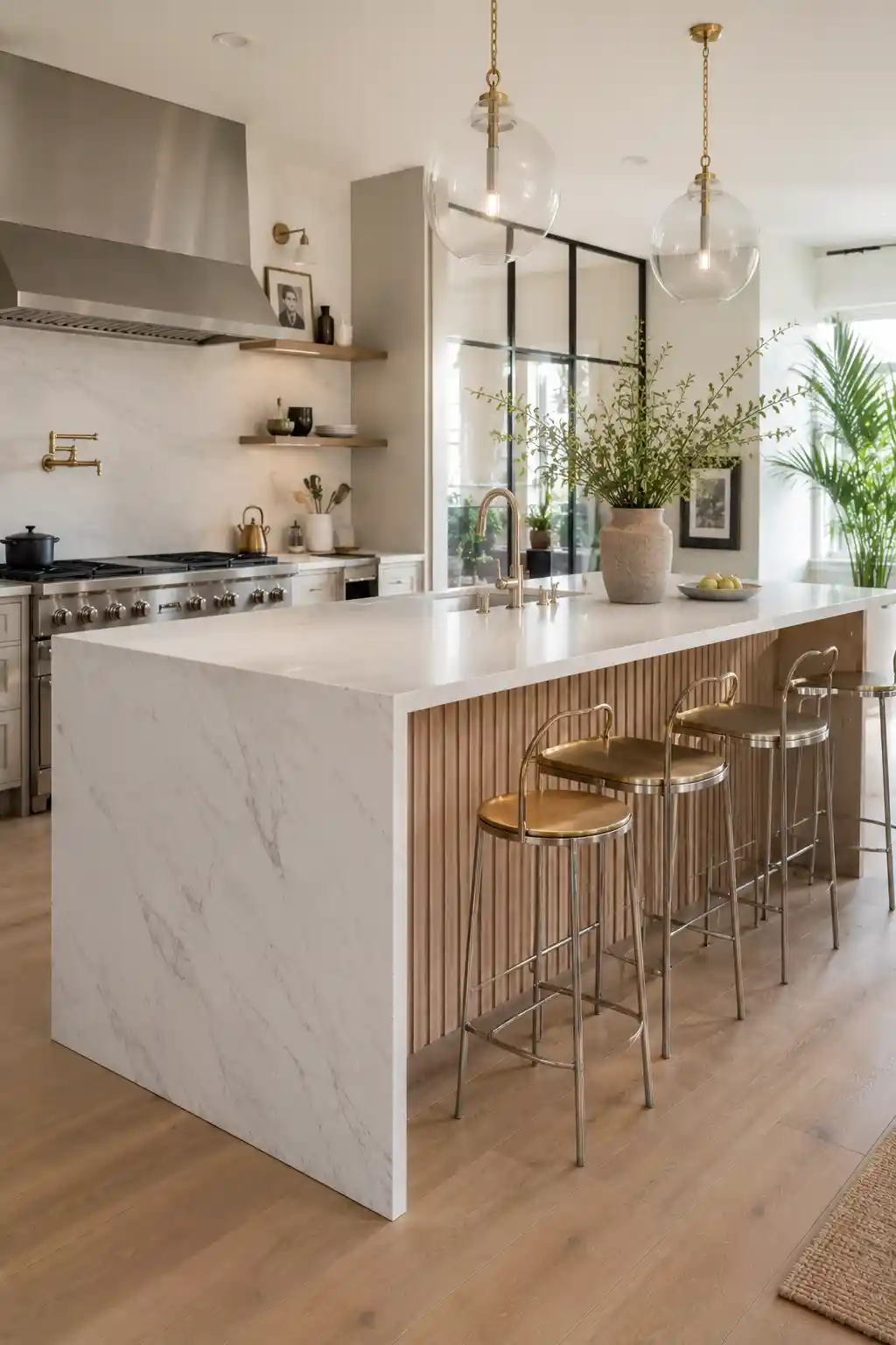 Mixed Material Harmony: Stone and Fluted Wood