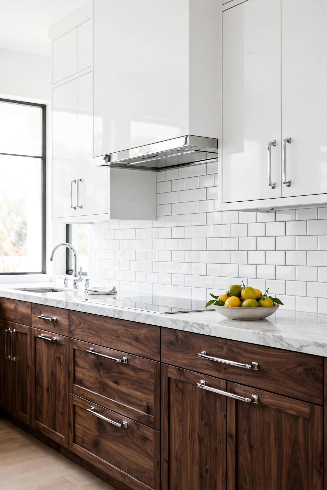 Striking Contrast: Walnut Wood and Crisp White Elements