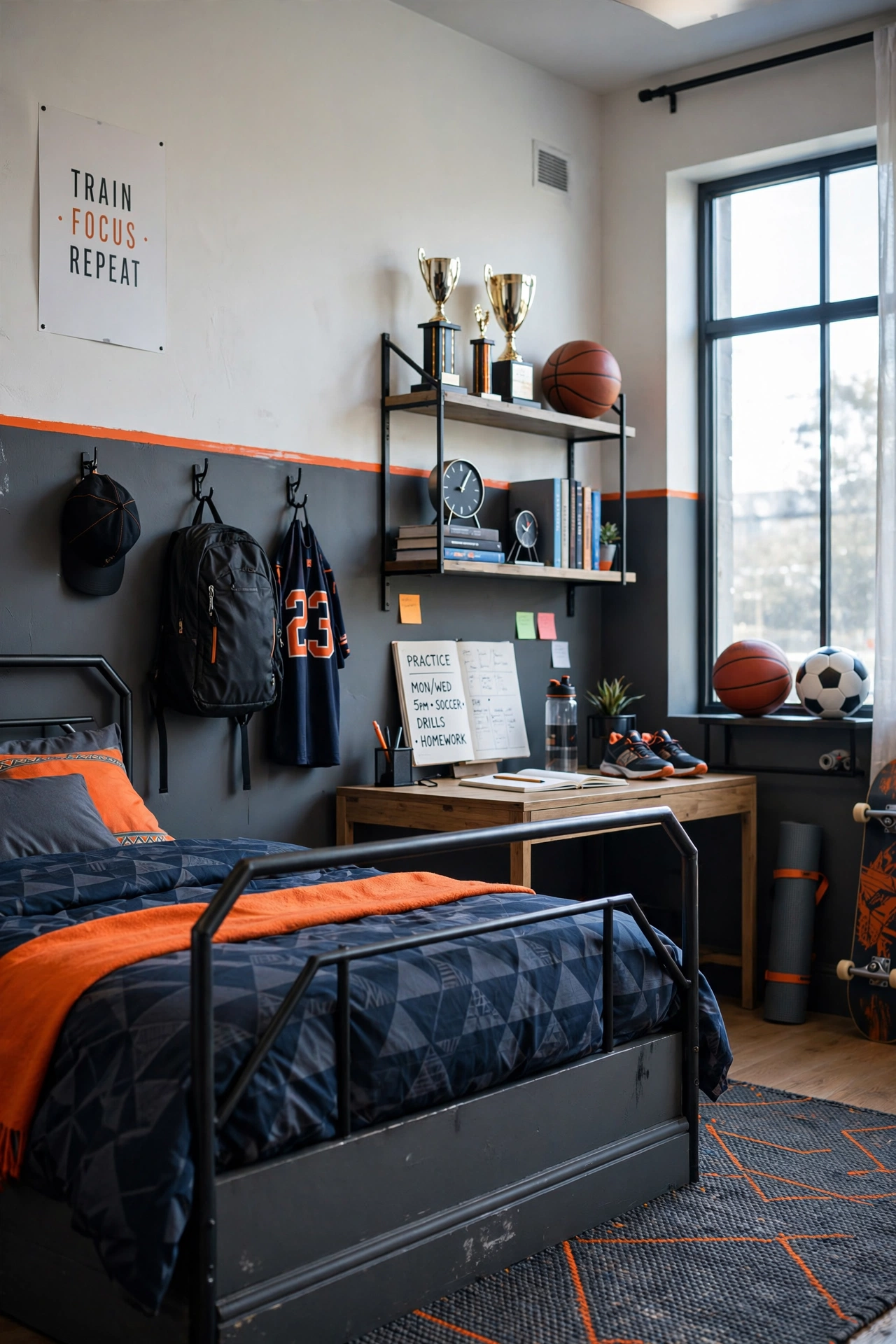 Bold Charcoal Half-Wall with Orange Trim