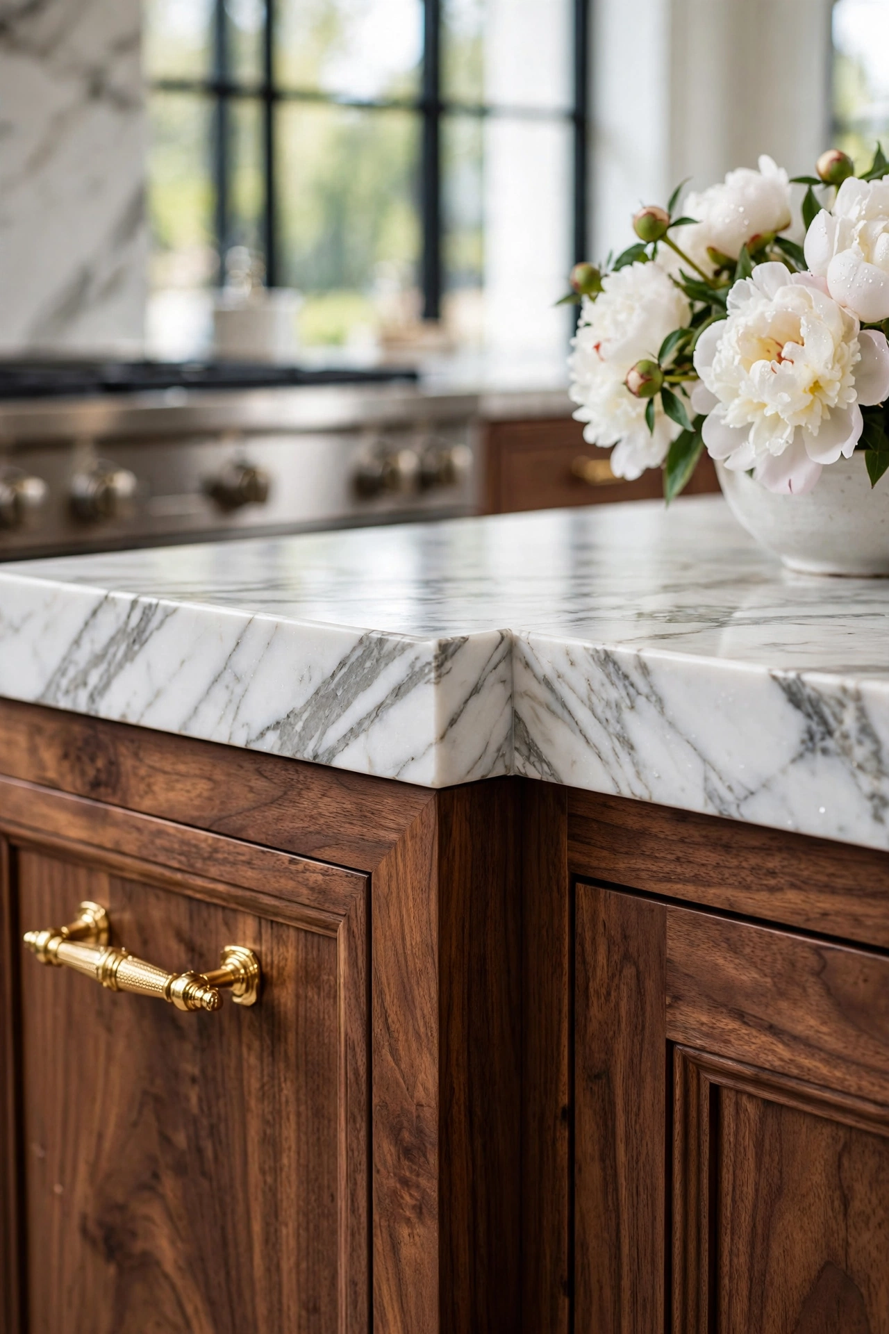 Timeless Luxury: Walnut Cabinets and White Marble