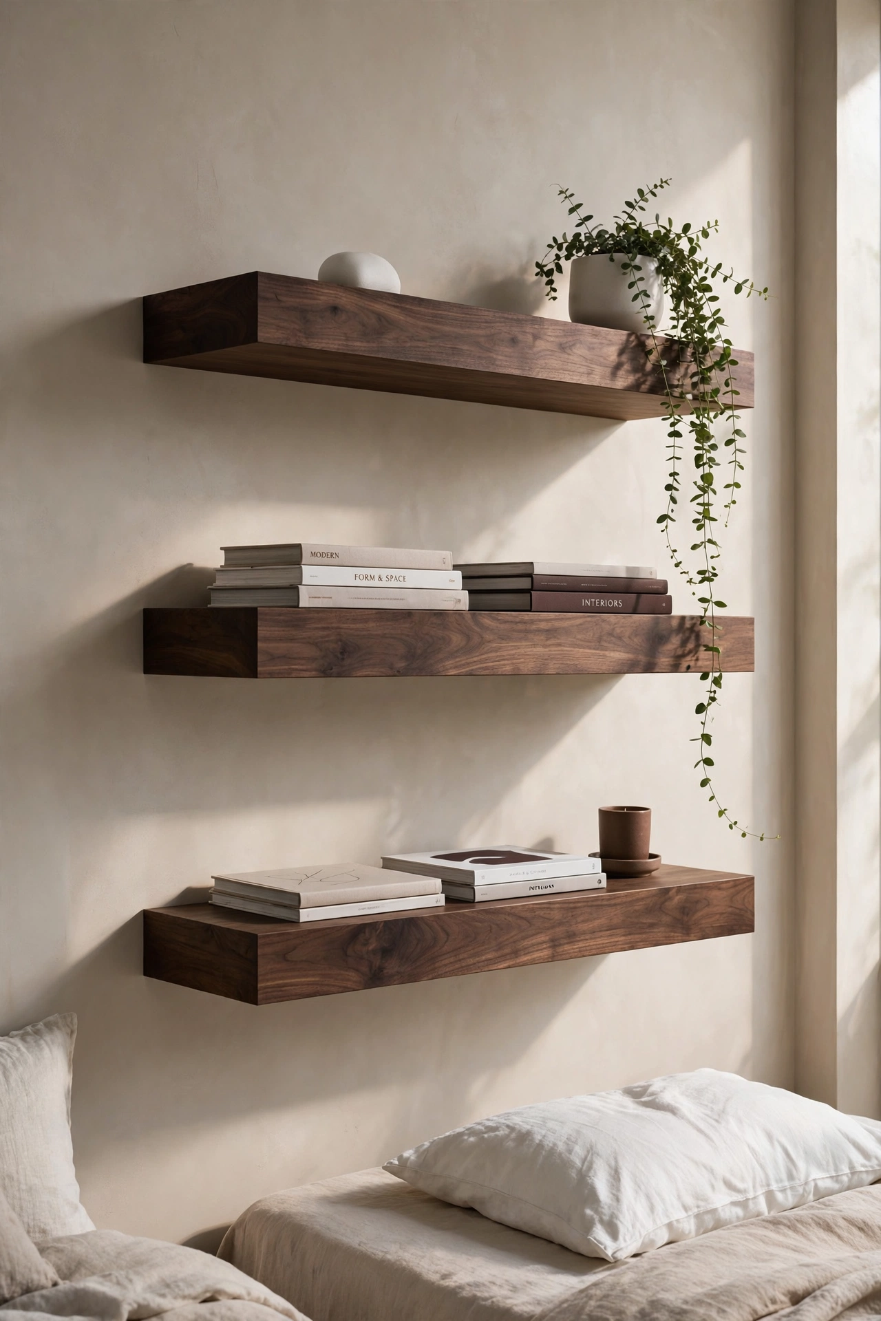 Creating Depth with Dark Walnut Floating Shelves