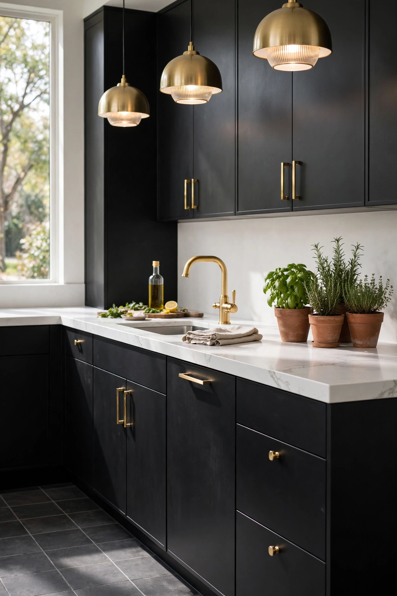 Sophisticated Contrast with Matte Black Cabinetry