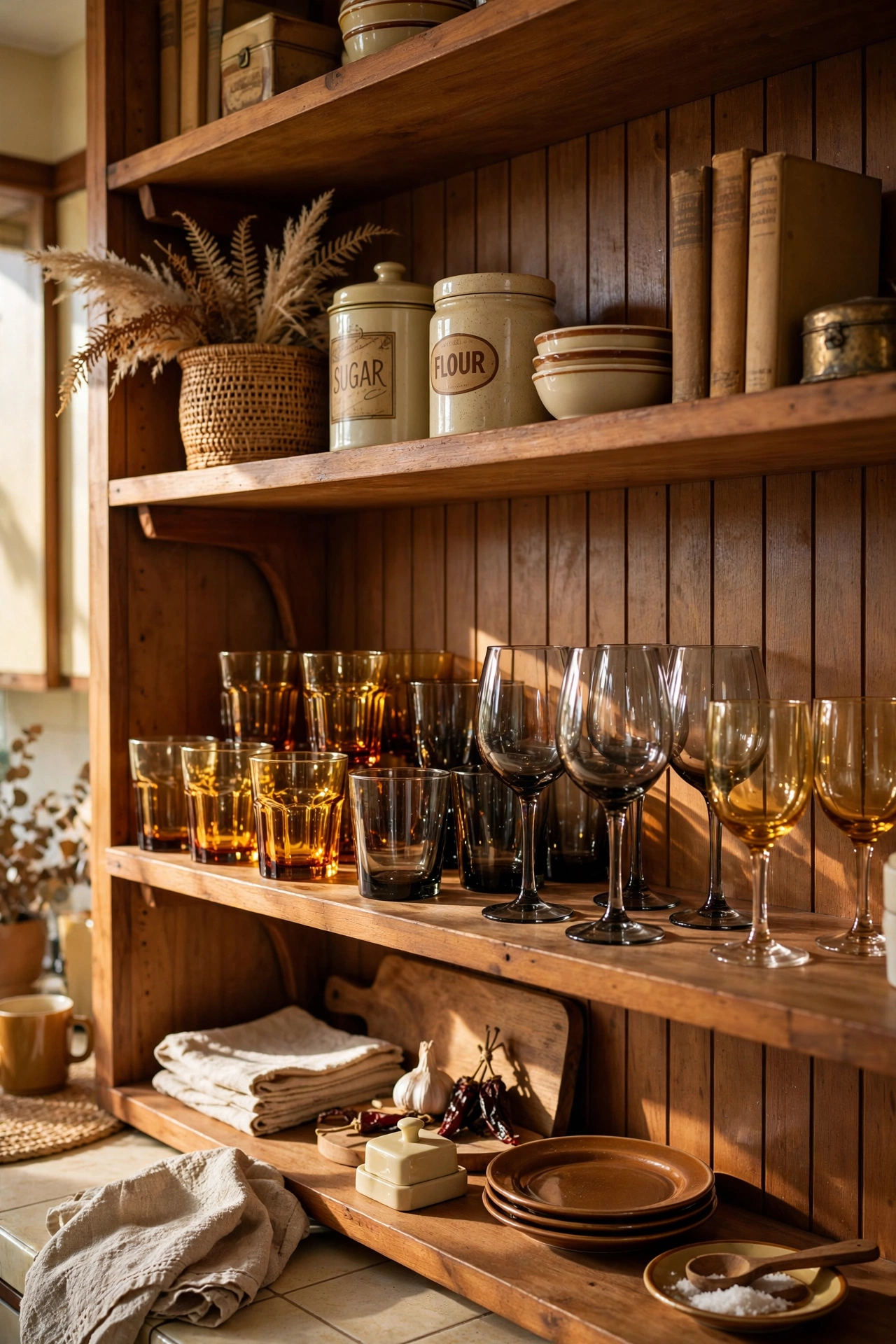 Style Open Shelves with Amber Glassware